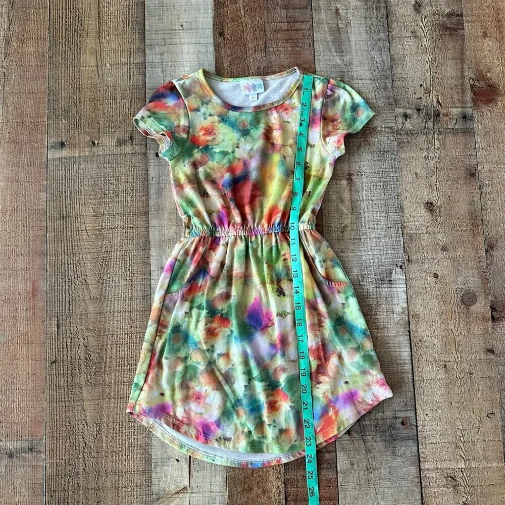 Lularoe Girls Floral Tie-Dye Dress Size 6 Elastic Waist Short Sleeve Knee Length